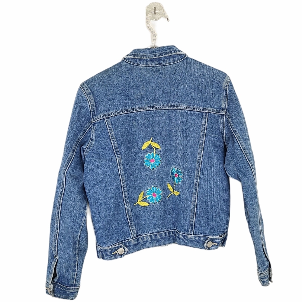 Vintage Embroidered Flowers Cropped Denim Jean Jacket Small